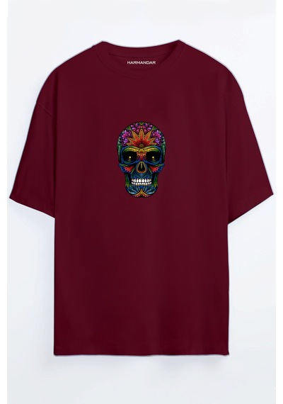Renkli Kurukafa Baskılı Unisex Siyah - Beyaz - Turuncu - Bej Oversize T-shirt Bordo