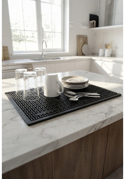 Zq Polimer 45x27 Cm Kauçuk Bar Mat, Bulaşık Kurutma Matı, Tencere Altlığı, Cam Kenarı Saksı Altlığı Siyah