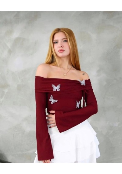 Kelebek Detaylı Madonna Bluz Bordo