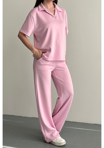 Balenbi Kadın Modal Kumaş Yarım Kollu Polo Yaka Eşofman Takımı 1210 Pembe