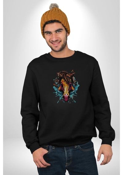 At Kafası Renkli Unisex Siyah Baskılı Sweatshirt Siyah