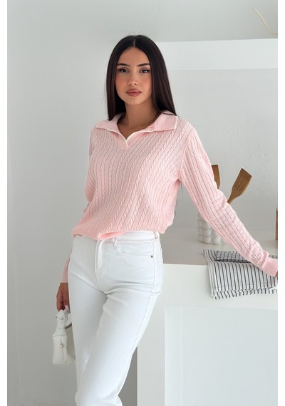 Femelle Kadın Pembe Polo Yaka Standart Beden Triko Bluz