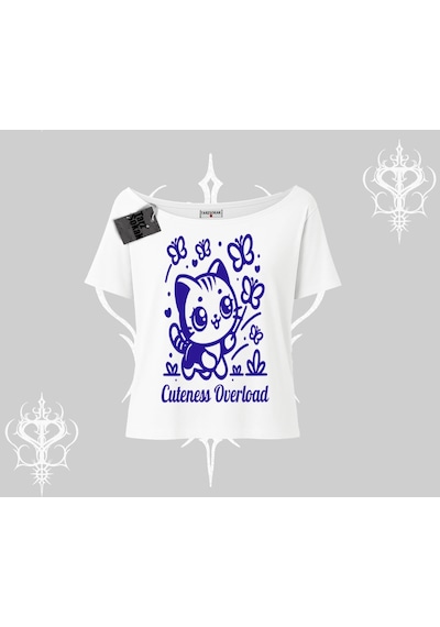 Tarzsokak Cuteness Overload Kedi Baskılı Kayık Yaka Tshirt Beyaz