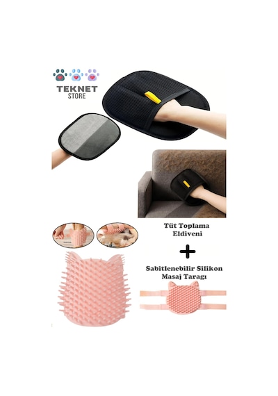 Teknetstore Kedi Köpek Tüy Toplama Eldiveni & Evcil Hayvan Masaj Tarağı 2'li Set