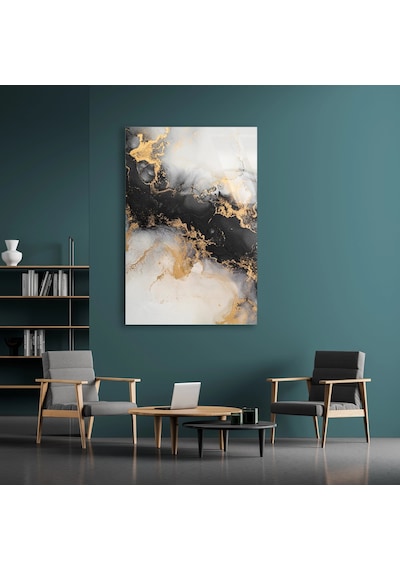 Siyah Altın Mermer Cam Tablo Yatay 90x140 Cm Deg1426