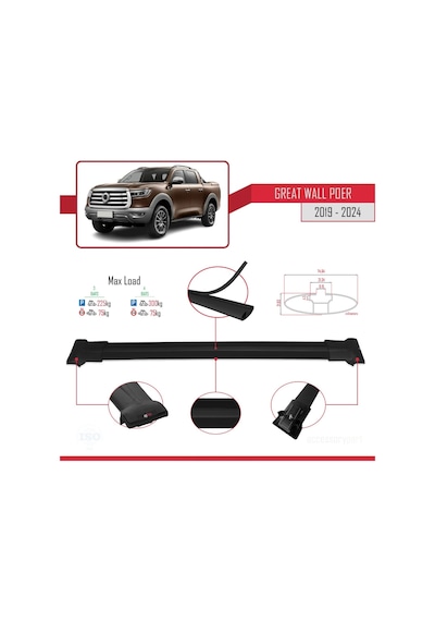 Great Wall Poer 2019 Ve Sonrası İle Uyumlu Fly Model Ara Atkı Tavan Barı Siyah 3 Adet Bar