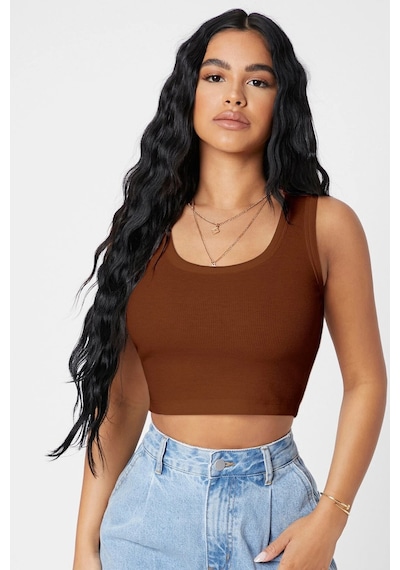 Angbutik Kadın Kahverengi Kare Yaka Crop Top Bluz