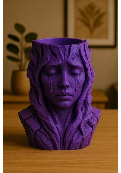 3d Baskı Ağlayan Kadın Büst Saksı - Sanatsal Dekoratif Saksı - Mor Çok Renkli