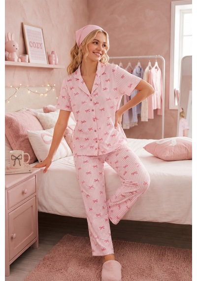 Pembe Kurdele Desenli Bürümçük Kumaş Kısa Kollu Pijama Takımı 6064