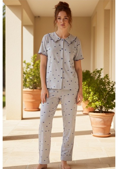 Siyah İnci Yakalı Düğmeli Fitilli Kaşkorse Örme Pijama Takım 26120503 Gri