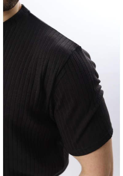 Madmext Siyah Dokulu Çizgi Tasarım Bisiklet Yaka Erkek T-shirt E7122 Siyah