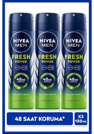 Men Erkek Sprey Deodorant Fresh Power 150ML, Ter Korumasına Karşı 48 Saat Koruma, X3 Adet,lif Hediye
