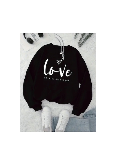 Herkesemoda Love Yazı Baskılı Bisiklet Yaka İçi Polarlı Sweatshirt Siyah