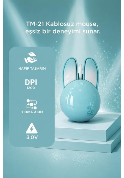 Fare Çeşidi Optik Cihaz Ofis Gereci Kablosuz Tavşan Kulaklı Sessiz Mouse Tm21 Mavi Kablosuz Fare