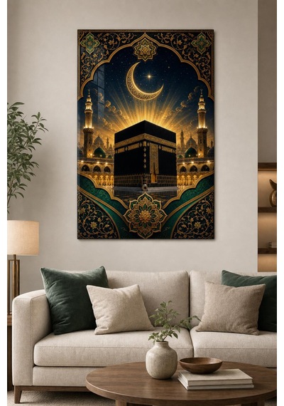 Kabe Ve Hilal Desenli Baskılı Cam Tablo Uv Baskı Dini Dekoratif Duvar Tablosu