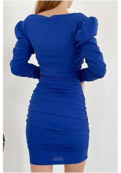 Lior Design Kadın Trend Tasarım Krep Kumaş Dik Yaka Drapeli Abiye Elbise Saks