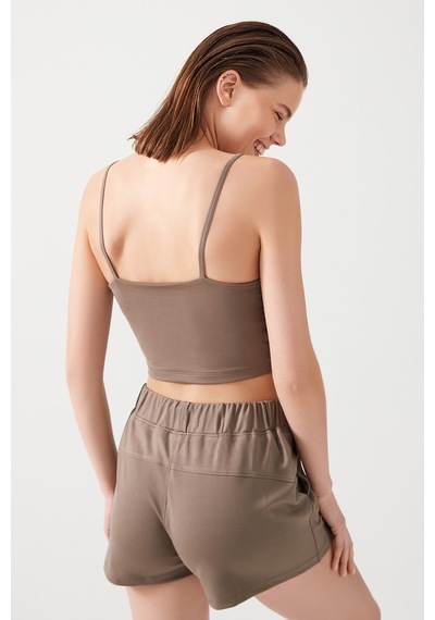 Los Ojos Kadın Haki Cepli Beli Lastikli Basic Fit Spor Şort Shorts Haki