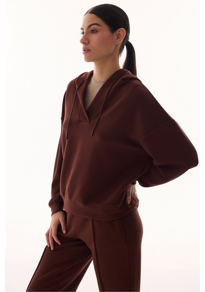 Penti Kahverengi V Yaka Oversize Kapüşonlu Sweatshirt