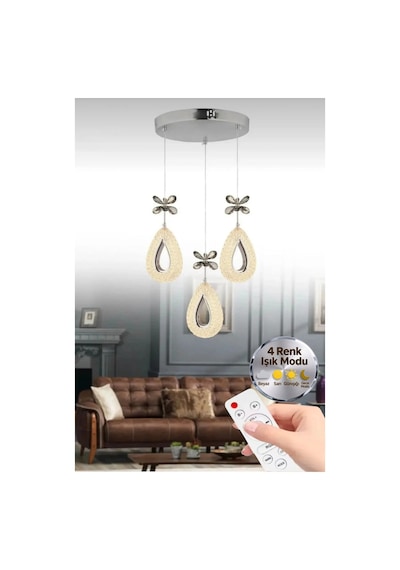 Damla Model 3'lü Gümüş Kumandalı 3 Renk Modu Ledli Kristal Taşlı Modern Salon Mutfak Oturma Odası Led Avize