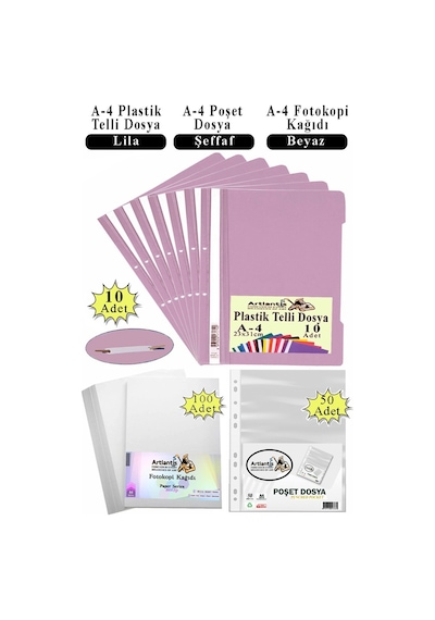Telli Dosya Plastik A4 10 Lu Poşet Dosya 50 Li A4 Fotokopi Kağıdı 100 Adet 1 Paket Ekonomik Kaliteli Şeffaf Kapak Dosya Lila
