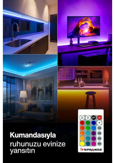 5 Metre Rgb Şerit Led 16 Renkli Kumandalı 4 Modlu Ayarlanabilir Işık 5v Usb Silikon Neon Led RGB