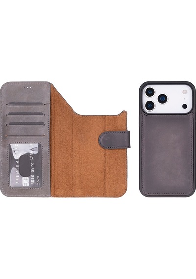 Bloomcase Magic Wallet Ash Gray Apple Uyumlu iPhone 17 Pro 6.3" Hakiki Deri Çıkarılabilir Cüzdanlı Telefon Kılıfı Gri
