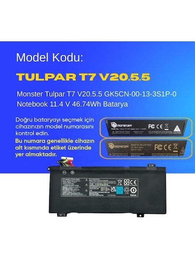 Monster Tulpar T7 V20.5.5 Gk5cn-00-13-3s1p-0 Notebook 11.4 V 46.74wh Batarya  Uyumlu, Yüksek Performanslı 75904370