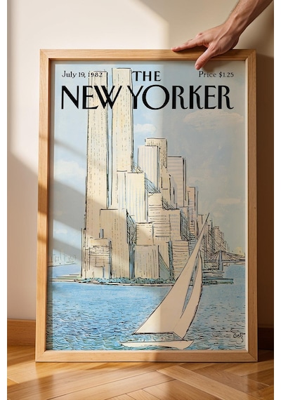 The New Yorker Çerçeveli Tablo July 19 1982 - Yelkenli Tekne Ve Dünya Ticeret Merkezi Tablosu