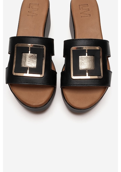 Luvishoes Hıola Siyah Hakiki Deri Tokalı Kadın Dolgu Topuklu Terlik