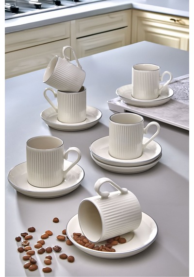 4 Parça 2 Kişilik Stackable Çizgili Gümüş Yaldızlı Kahve Fincan Takımı - Kahve Fincanı Seti 100ml Beyaz