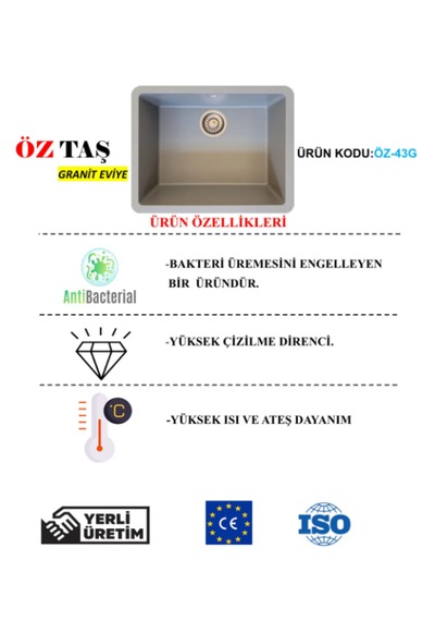Öztaş ÖZ-43g Granit Mutfak Eviye Gri Tek Gözlü 43 x 55 CM