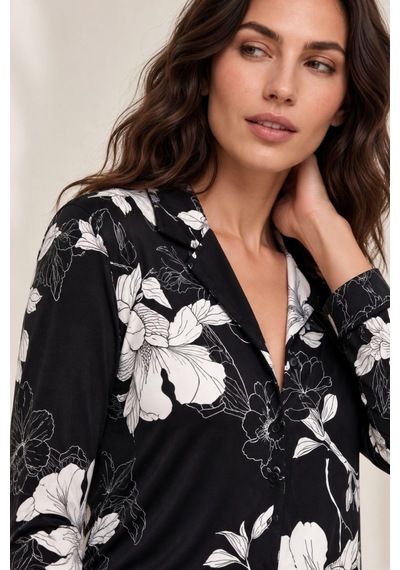 Gd Goldoremi 30163 Kadın Premium Uzun Kollu Önden Düğmeli Pijama Takım Siyah