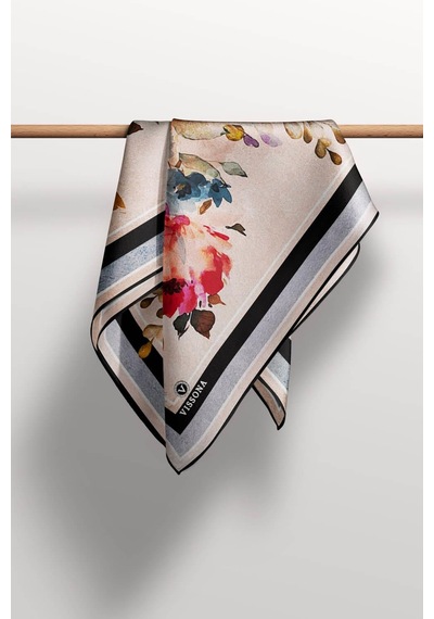 Vissona %100 Twill İpek Bahar Çiçekleri Desenli Siyah - Haki Renkli 90x90 Eşarp Dikim Şekli : El Dikişi Çok Renkli