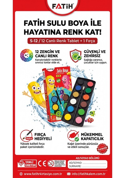 Fatih Sulu Boya S-12 12 Renk Tablet 2'li Avantaj Paket Yıkanabilir Okul Boyası Seti Çok Renkli