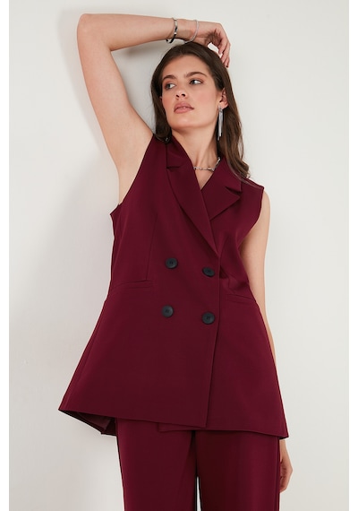 Lela Oversize Fit Mono Yaka Kolsuz Düğmeli Ceket Bayan Yelek 6521177 Bordo