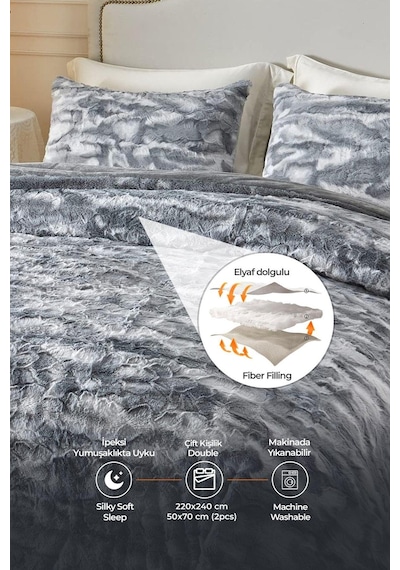 Evlen Home Çift Taraflı Kişilik Kürk Yorgan Uyku Seti Yumuşak Dolgulu Wellsoft Peluş 3 Parça Mia Antrasit Gri