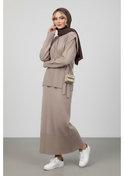 Defymoda Kadın Açık Kahve Modest Triko Tunik Elbise Takım Kahverengi