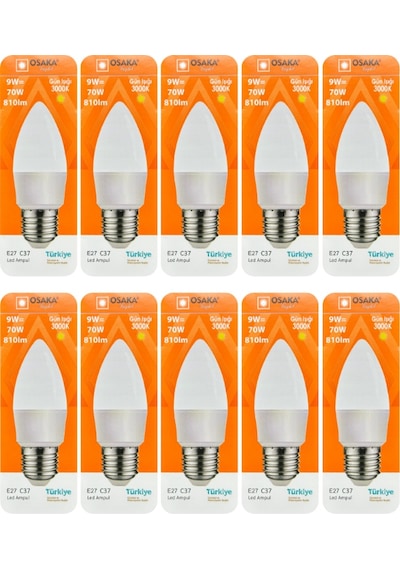 10 Adet Osaka 9w 70w Sarı Işık 3000k E27 Duylu Kalın Duy Led Mum Ampul