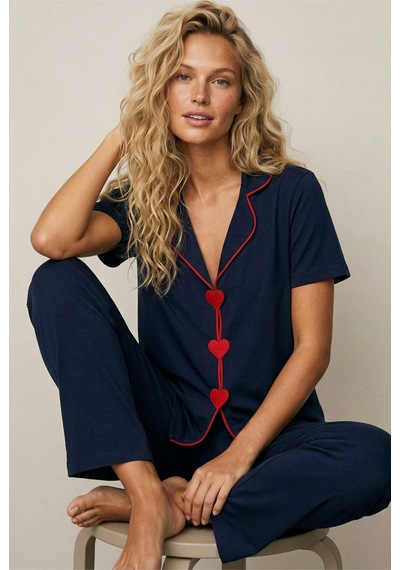 Siyah İnci Biye Detaylı Örme Pijama Takım7891 Lacivert