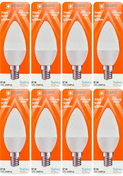 8 Adet Osaka 7w 50w Sarı Işık 3000k E14 Duylu İnce Duy Led Mum Ampul