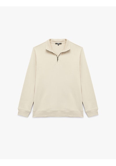 Koton Uzun Kollu Şardonlu Basic Yarım Fermuarlı Sweatshirt Bej 6wam70016mk Ekru