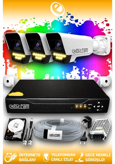 Elitcam 3 Kameralı Süper 3 Dış Kamera Set 2 TB 5 MP 2K Net Renkli Gece Görüşlü Güvenlik Kamerası Sistemi