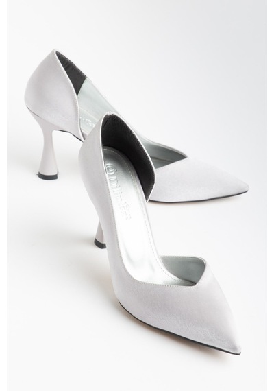 Büyük Beden Kadın İnce Topuklu Stiletto Gümüş Gri Parlak Saten Yan Açık-4670 Gri