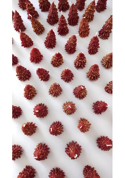 Petekoğlu Doğal Petek Balmumu Mum Kırmızı Altın Simli Çam Ağacı Boy 8.5 Cm Bal Mumu Beeswax Candle Diğer