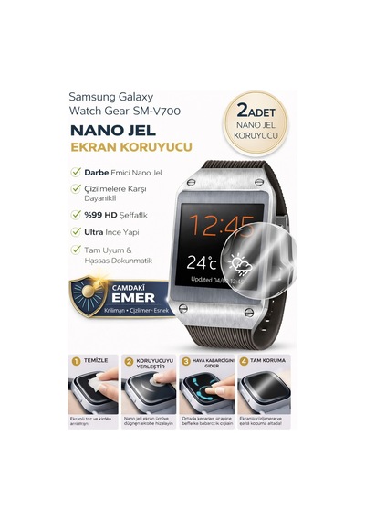 Samsung Galaxy Watch Gear Sm-v700 Uyumlu Nano Jel Ekran Koruyucu 2 Adet Darbe Emici Tam Kaplayan