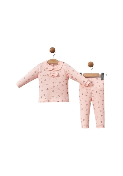 Mdrandy Çiçek Baskılı Fiyonklu Bebek Takım Pembe