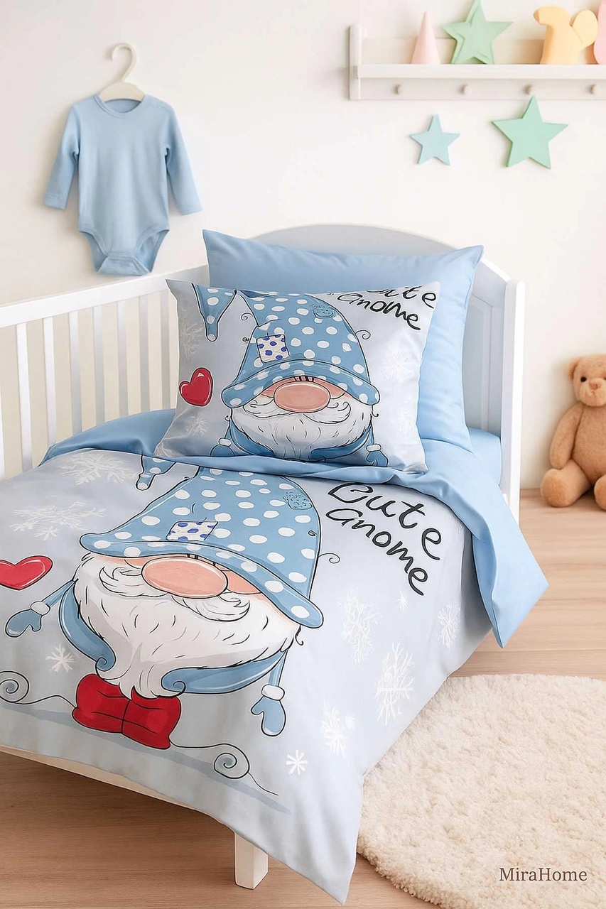 Dijital Baskılı 3d Pamuklu Yenidoğan Bebek Nevresim Takımı Cute Gnome Blue Çok Renkli