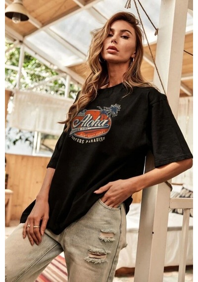 Blackjack Giyim Blackjackgiyim Siyah Oversize Aloha Baskılı Tshirt Siyah