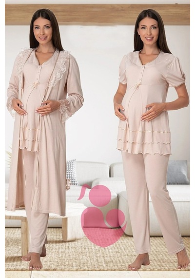 Effortt Lohusa Sabahlıklı Pijama Takımı Kahve - 8024 Kahve