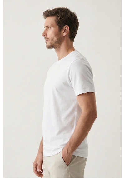 Elemge Pamuk Likra Magic Fit Beyaz Erkek T-shirt Compact Penye Kısa Kol Esnek Tişört Elastan